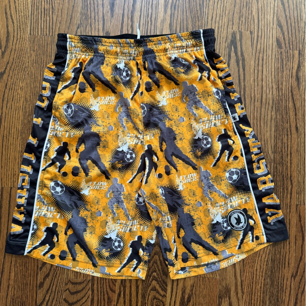 Boys youth Flow Society gold yellow and black soccer theme shorts size XL